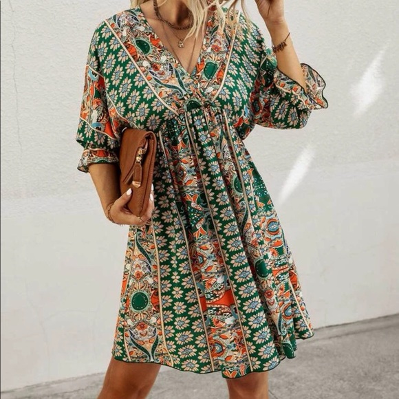 Boho Green Floral Print Ruffle Sleeve Mini Dress Cottagecore - Picture 8 of 8